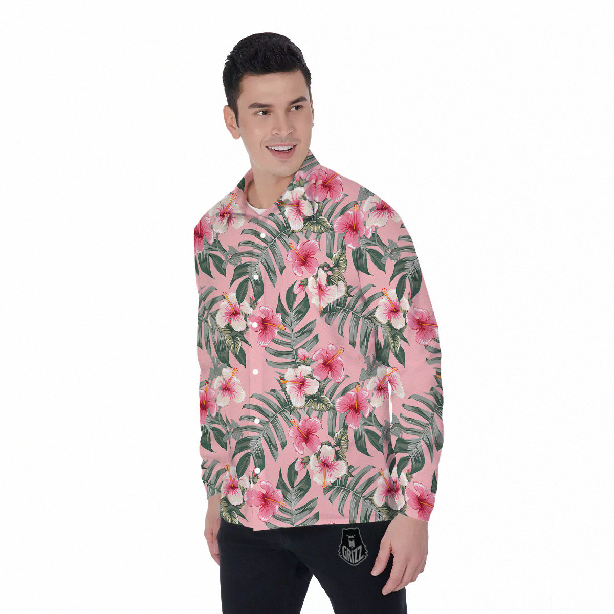 Flower Frangipani Tropical Print Pattern Men's Long Sleeve Shirts-grizzshop