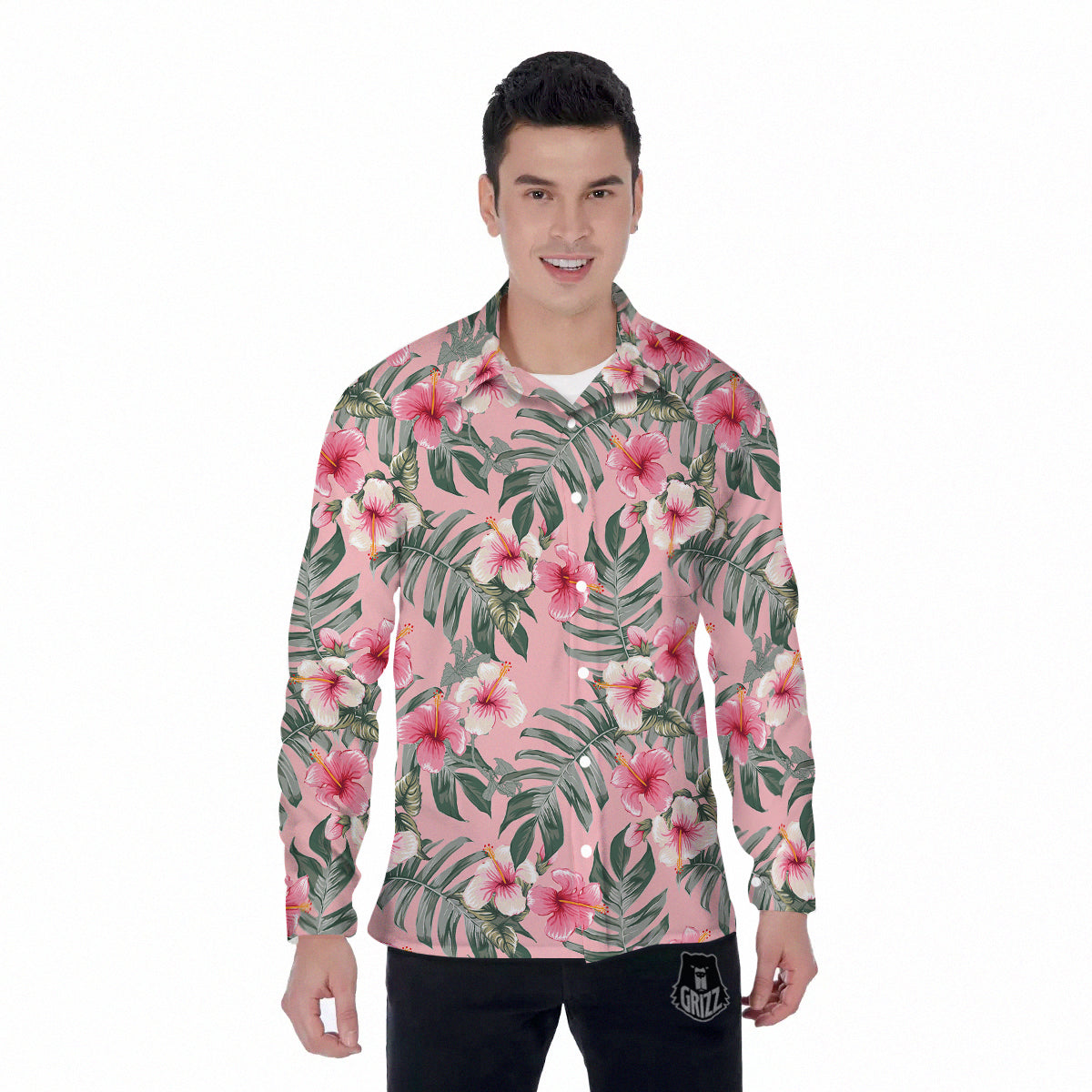Flower Frangipani Tropical Print Pattern Men's Long Sleeve Shirts-grizzshop