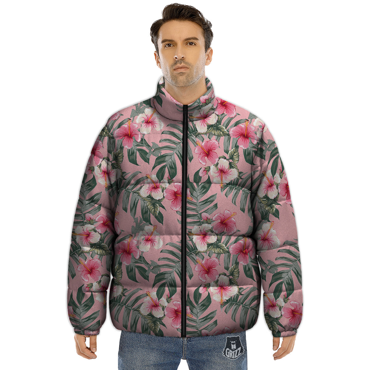Flower Frangipani Tropical Print Pattern Puffer Jacket-grizzshop