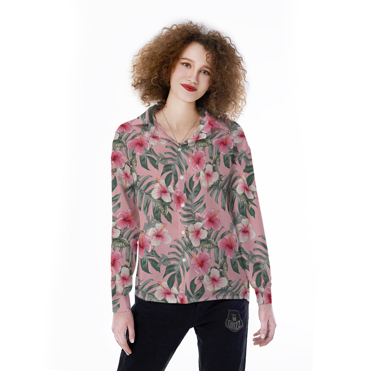Flower Frangipani Tropical Print Pattern Women's Long Sleeve Shirts-grizzshop