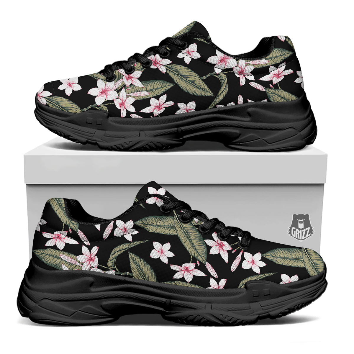 Flower Frangipani Watercolor Print Pattern Black Chunky Shoes-grizzshop