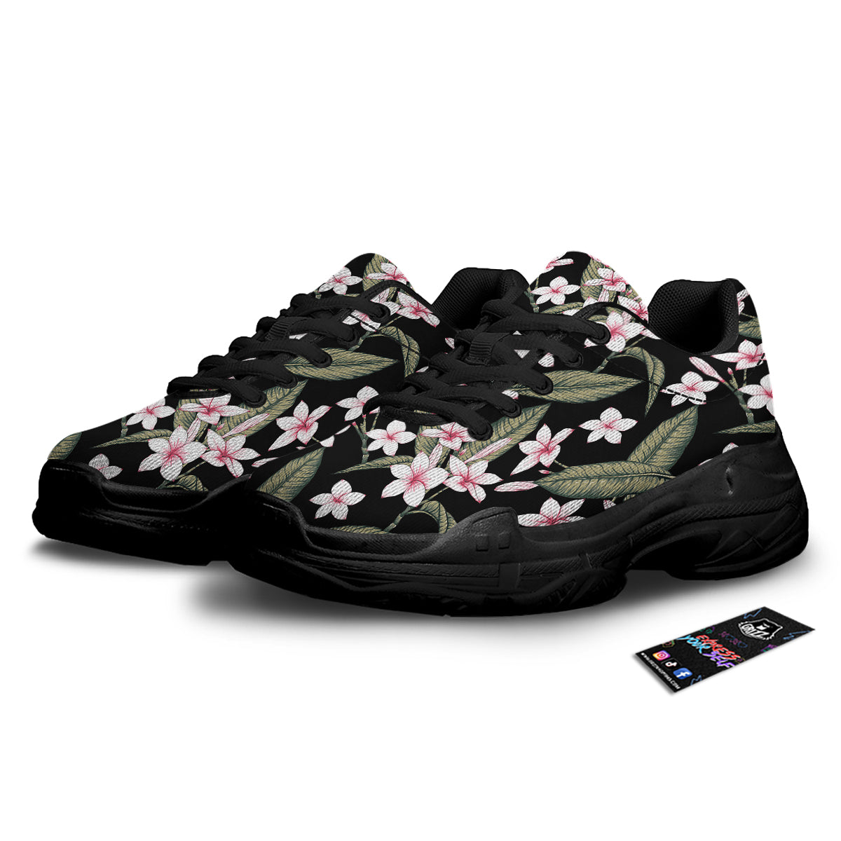 Flower Frangipani Watercolor Print Pattern Black Chunky Shoes-grizzshop