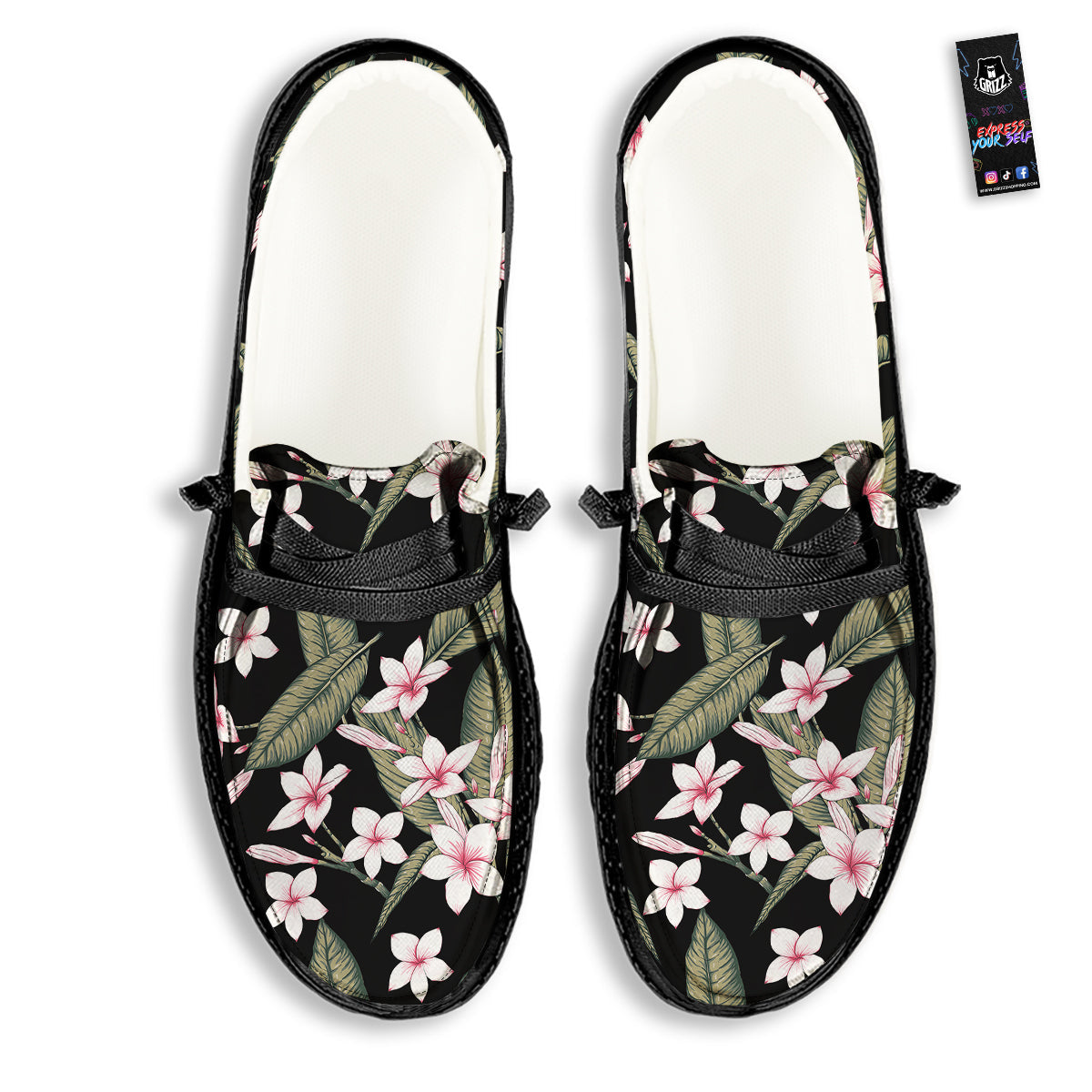 Flower Frangipani Watercolor Print Pattern Black Loafers-grizzshop