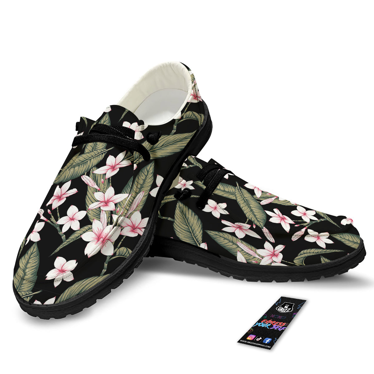 Flower Frangipani Watercolor Print Pattern Black Loafers-grizzshop