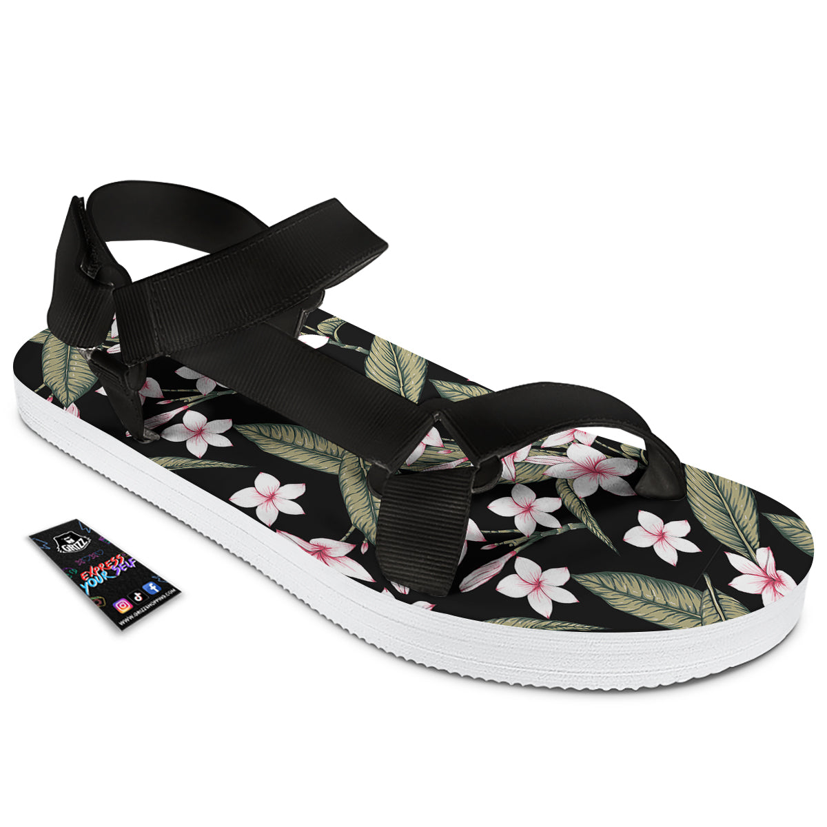 Flower Frangipani Watercolor Print Pattern Black Open Toe Sandals-grizzshop