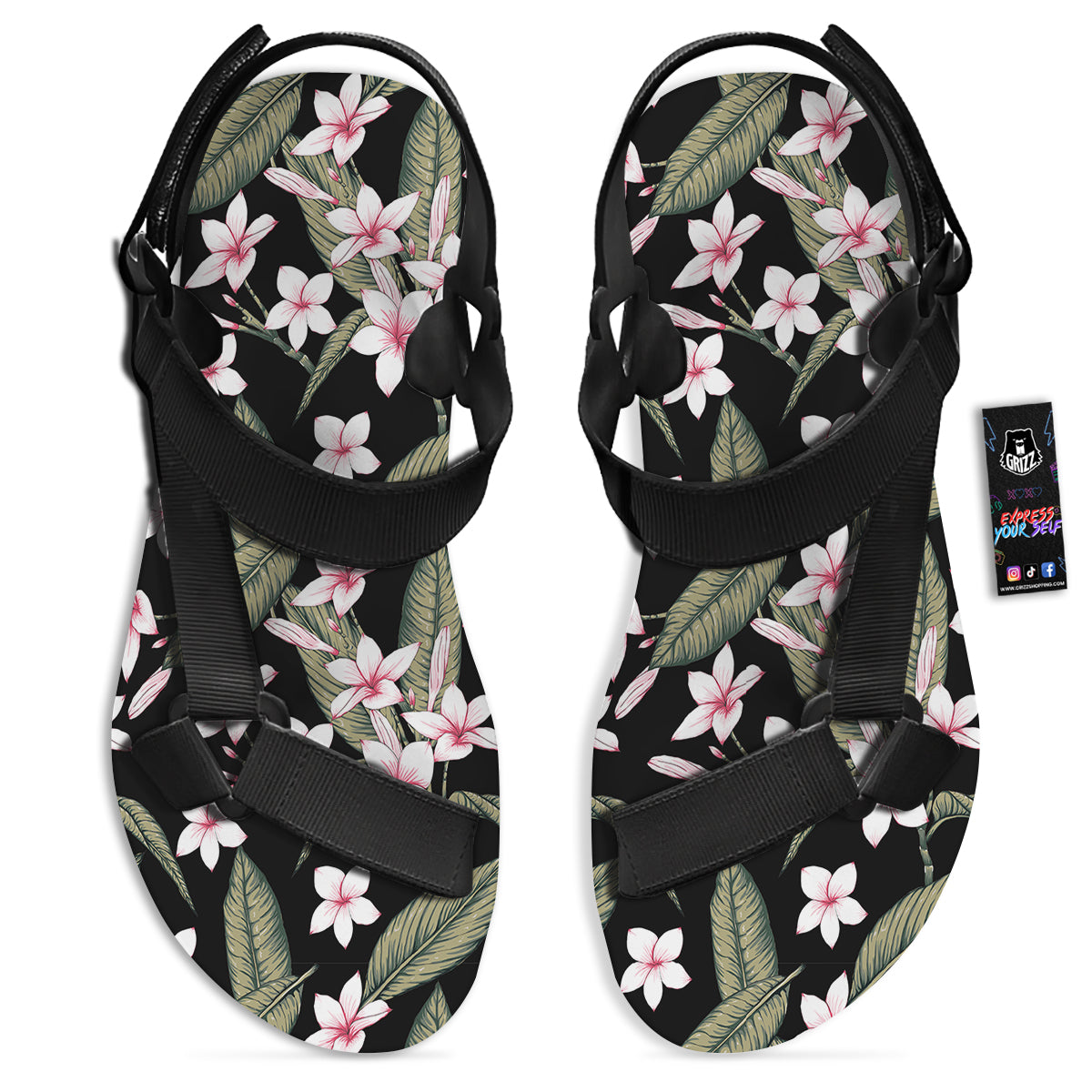 Flower Frangipani Watercolor Print Pattern Black Open Toe Sandals-grizzshop