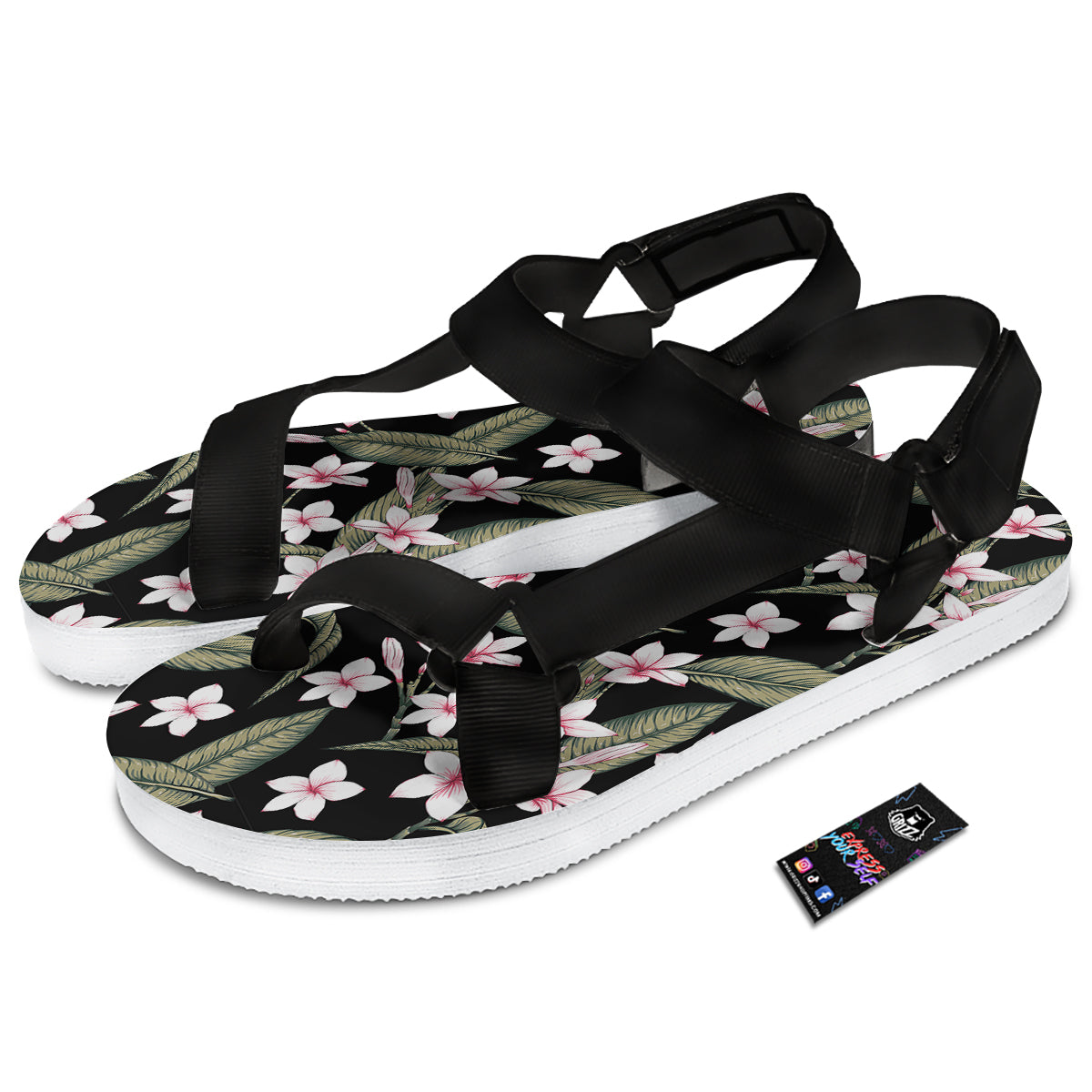 Flower Frangipani Watercolor Print Pattern Black Open Toe Sandals-grizzshop