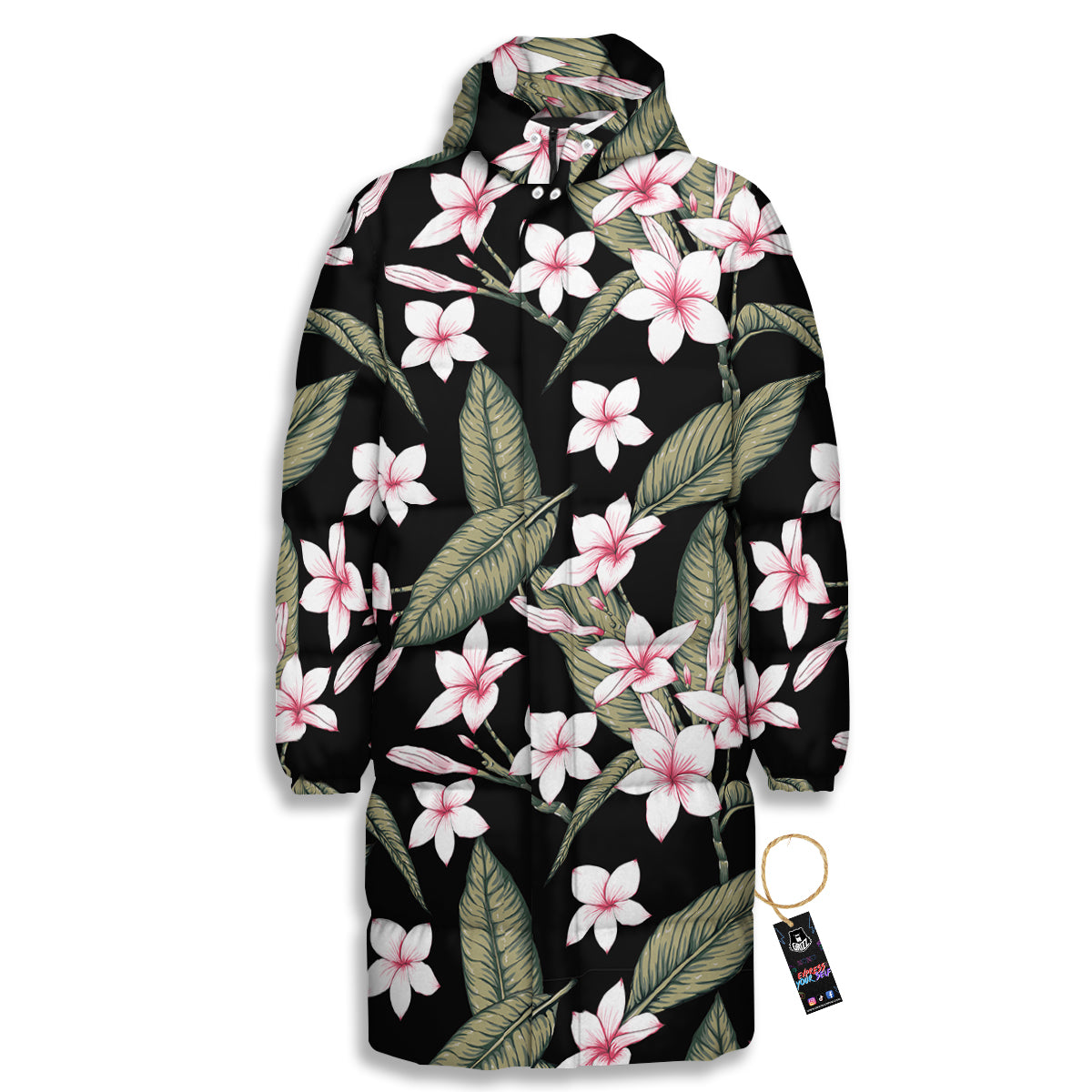 Flower Frangipani Watercolor Print Pattern Long Down Jacket-grizzshop