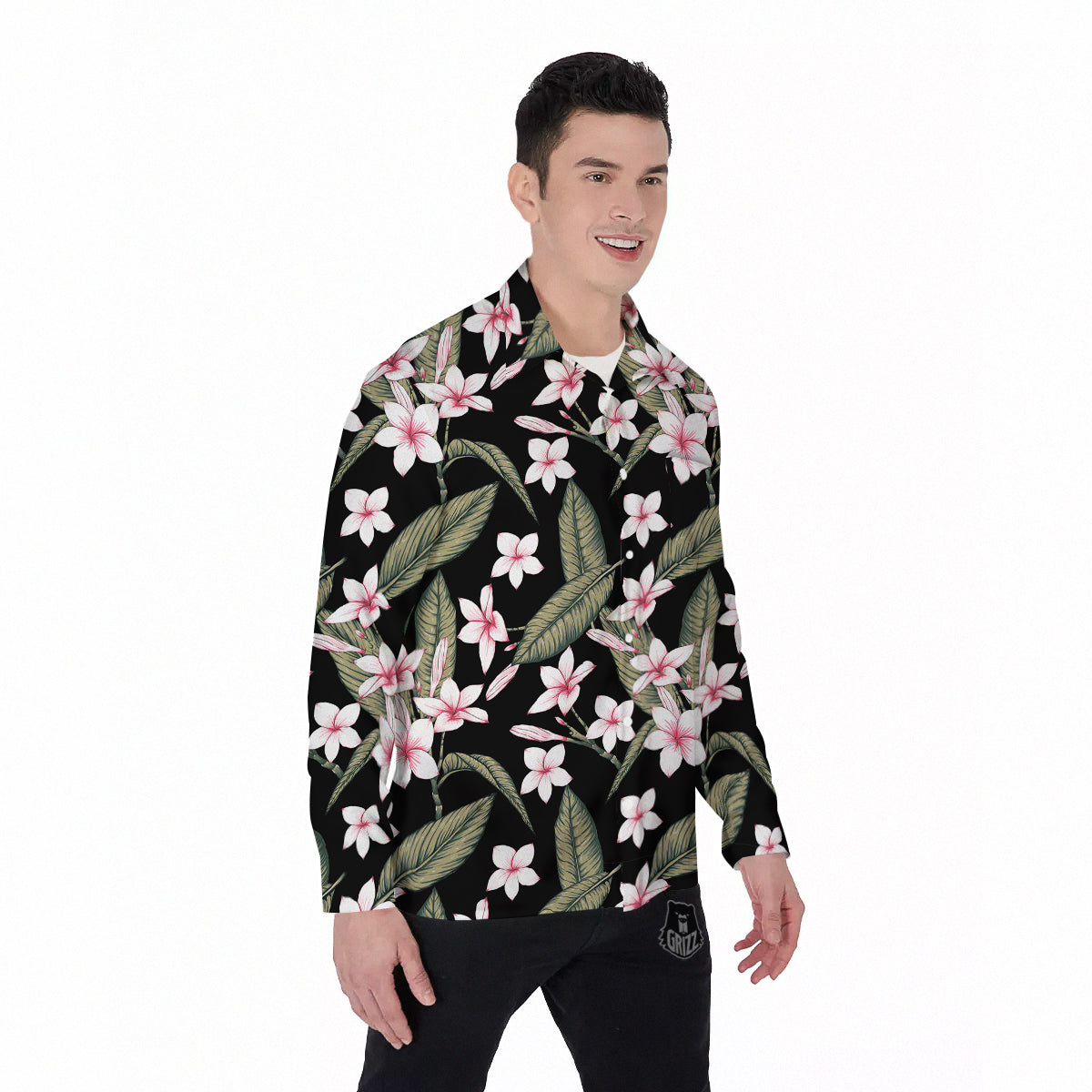 Flower Frangipani Watercolor Print Pattern Men's Long Sleeve Shirts-grizzshop