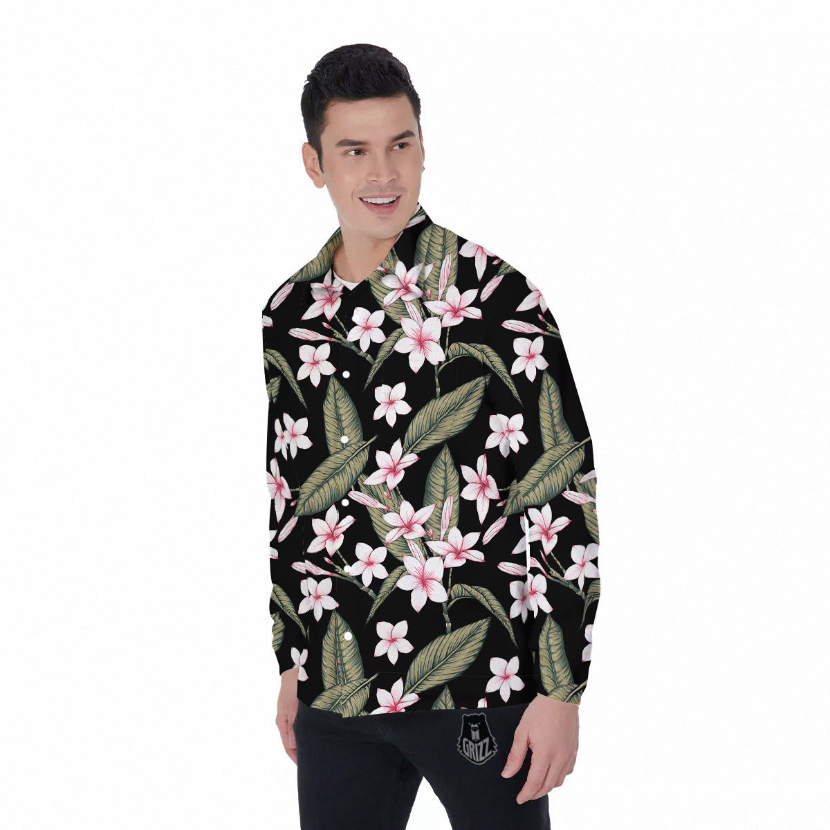 Flower Frangipani Watercolor Print Pattern Men's Long Sleeve Shirts-grizzshop