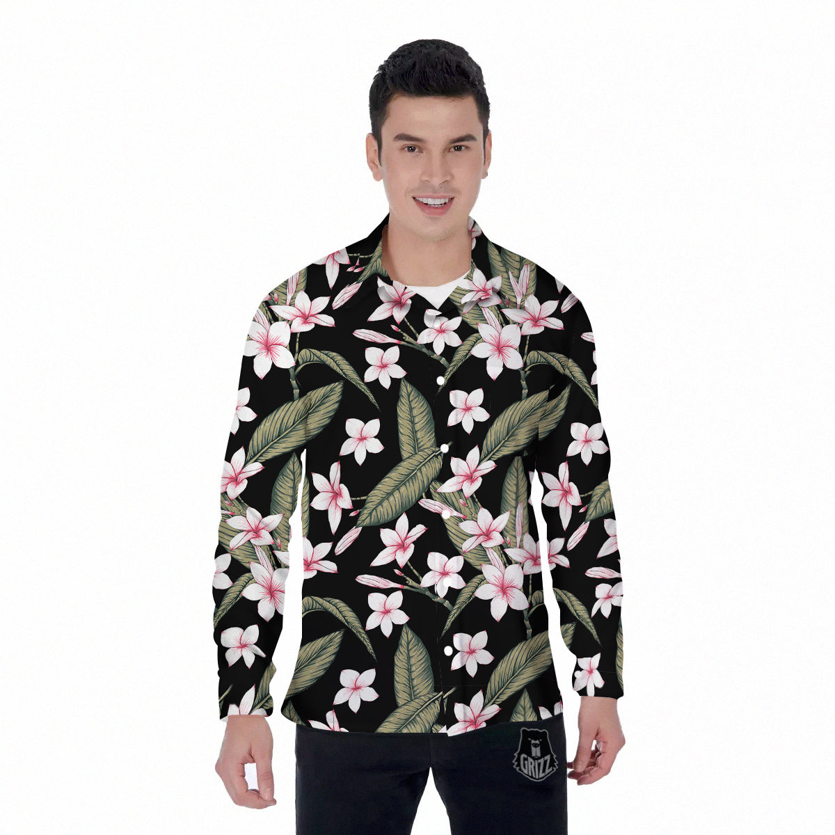 Flower Frangipani Watercolor Print Pattern Men's Long Sleeve Shirts-grizzshop