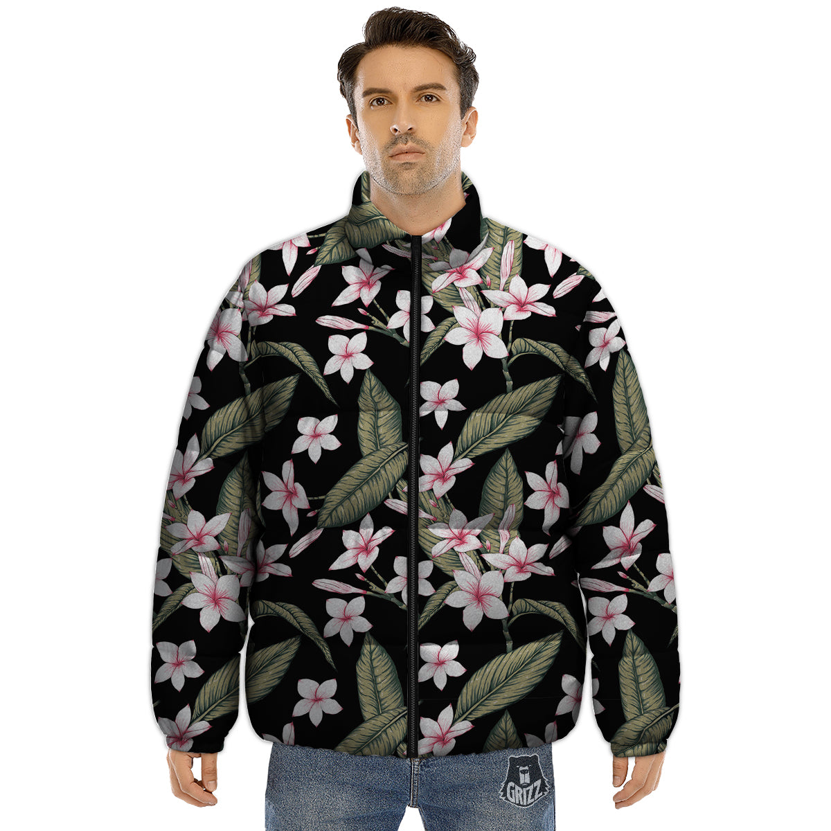 Flower Frangipani Watercolor Print Pattern Puffer Jacket-grizzshop