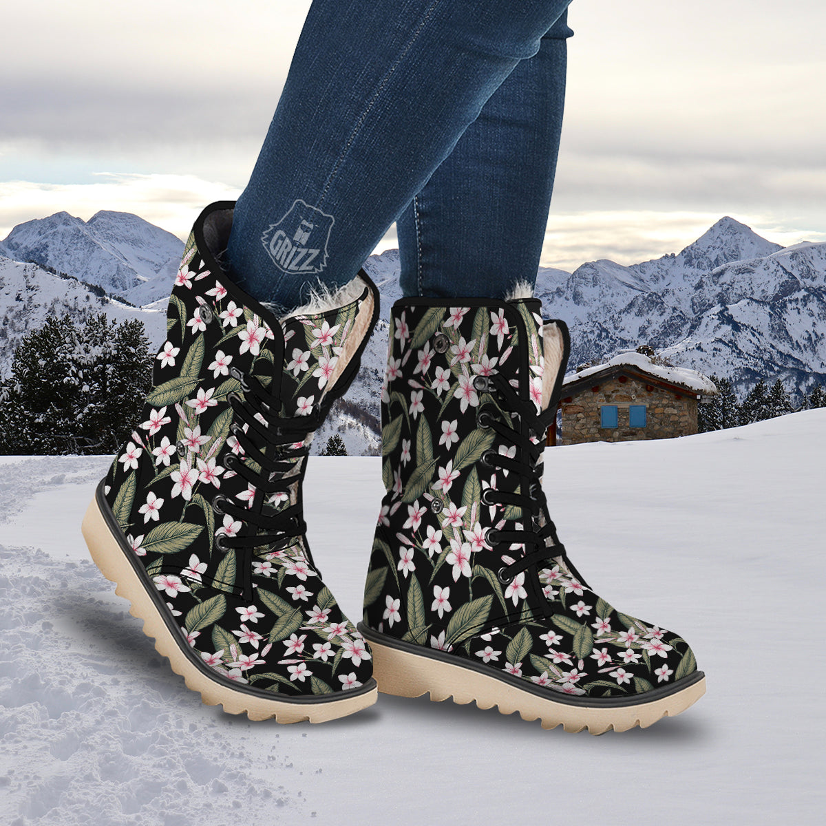 Flower Frangipani Watercolor Print Pattern Snow Boots-grizzshop
