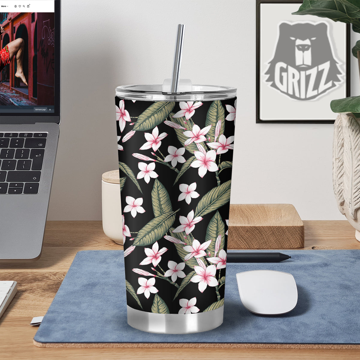 Flower Frangipani Watercolor Print Pattern Tumbler-grizzshop