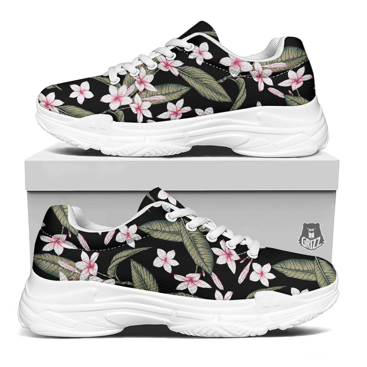Flower Frangipani Watercolor Print Pattern White Chunky Shoes-grizzshop
