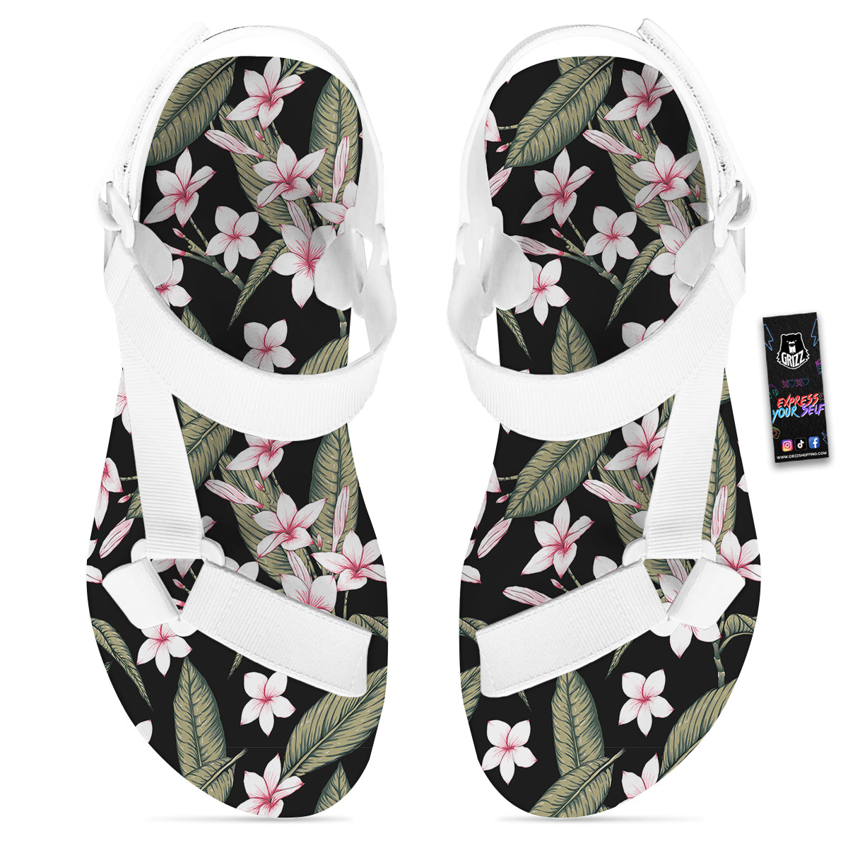 Flower Frangipani Watercolor Print Pattern White Open Toe Sandals-grizzshop