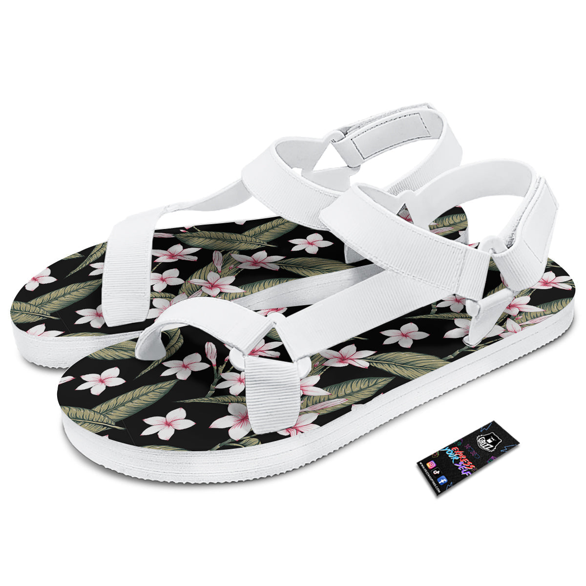 Flower Frangipani Watercolor Print Pattern White Open Toe Sandals-grizzshop