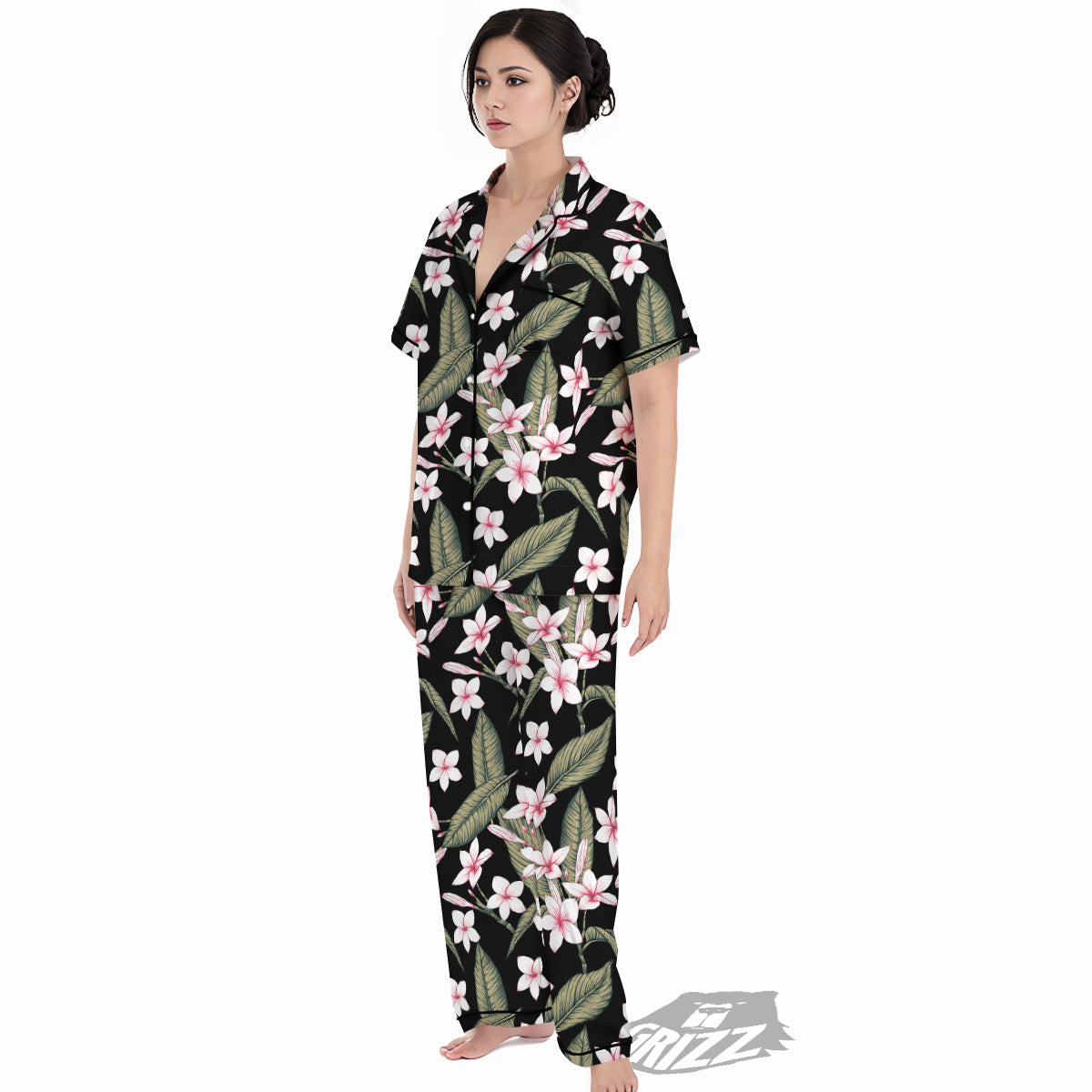 Flower Frangipani Watercolor Print Pattern Women's Pajamas Set-grizzshop