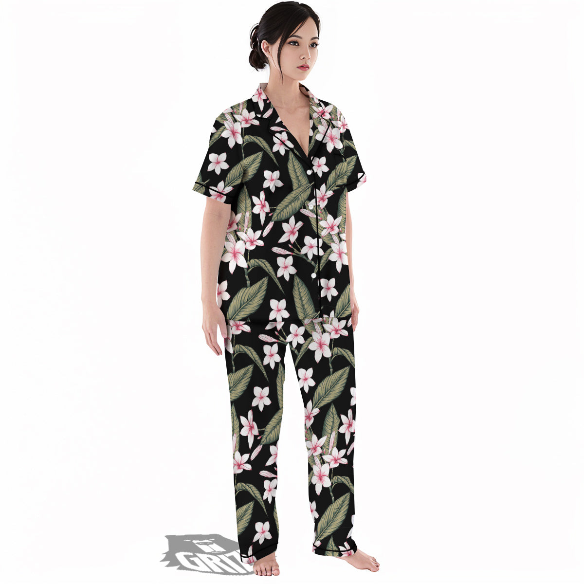 Flower Frangipani Watercolor Print Pattern Women's Pajamas Set-grizzshop