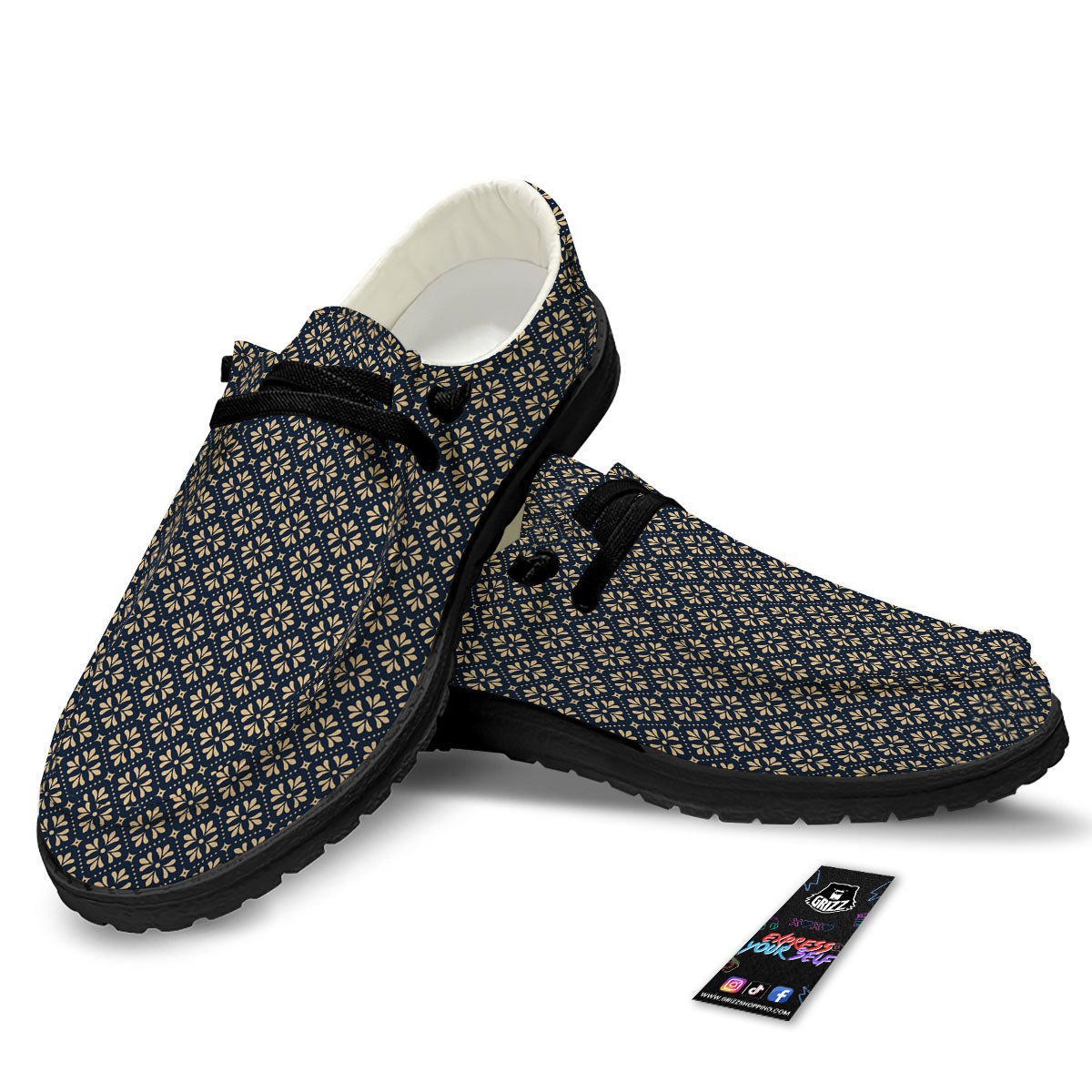 Flower Geometric Dot Print Pattern Black Loafers-grizzshop