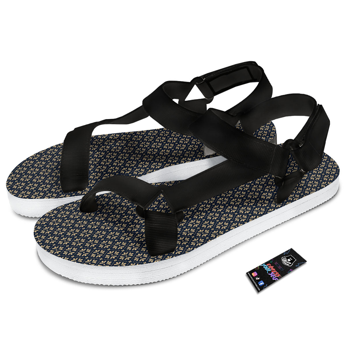 Flower Geometric Dot Print Pattern Black Open Toe Sandals-grizzshop
