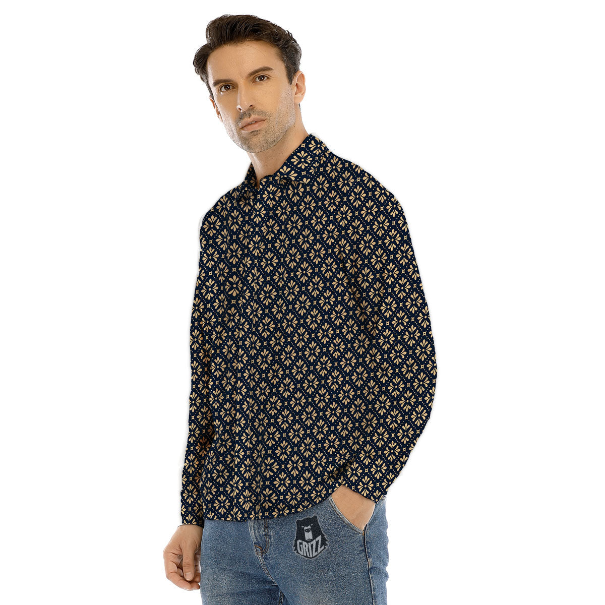 Flower Geometric Dot Print Pattern Men's Dress Shirts-grizzshop