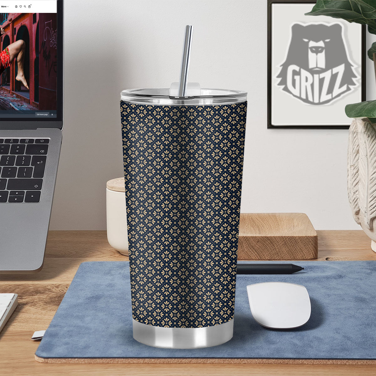 Flower Geometric Dot Print Pattern Tumbler-grizzshop