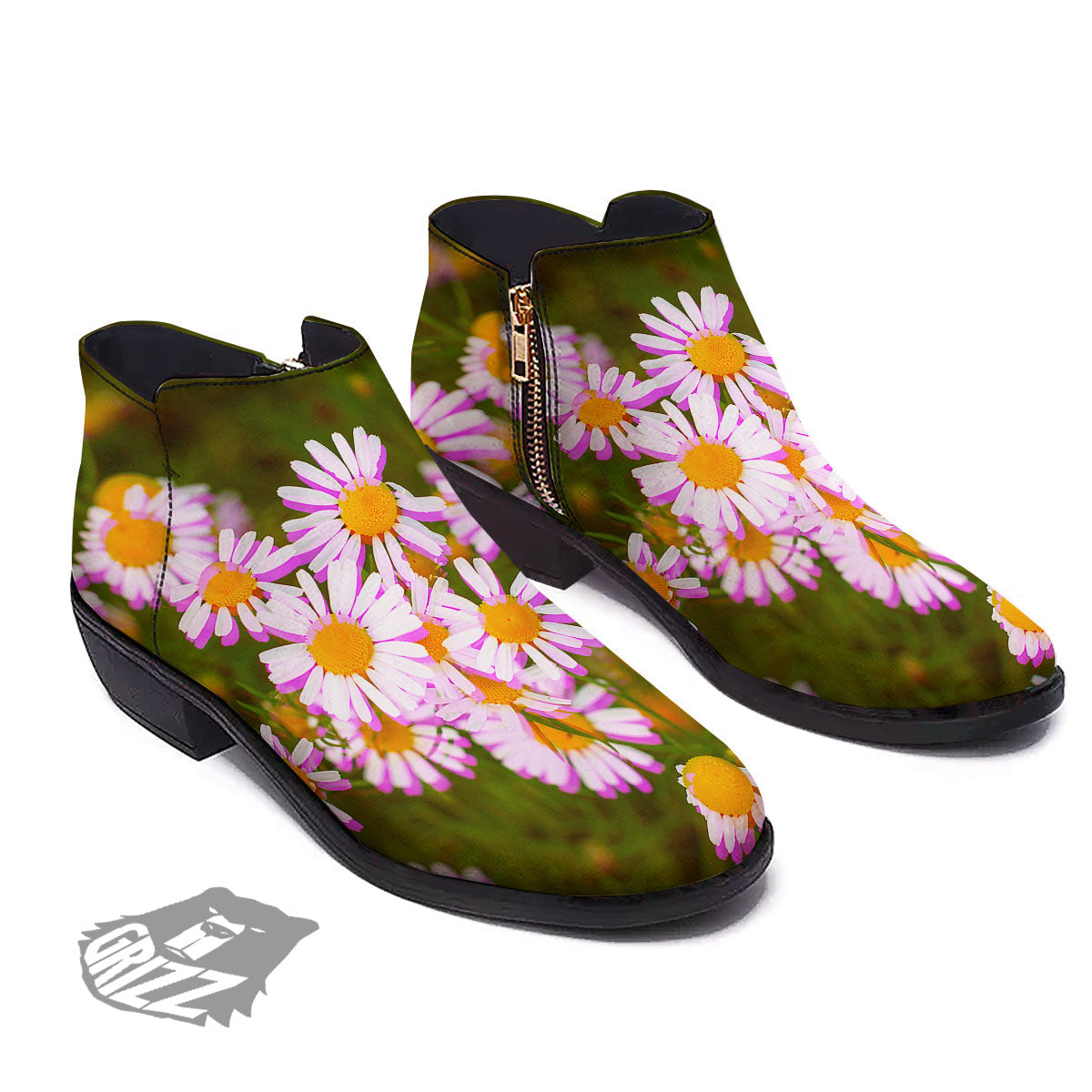 Flower Glitch Daisy Print Ankle Boots-grizzshop