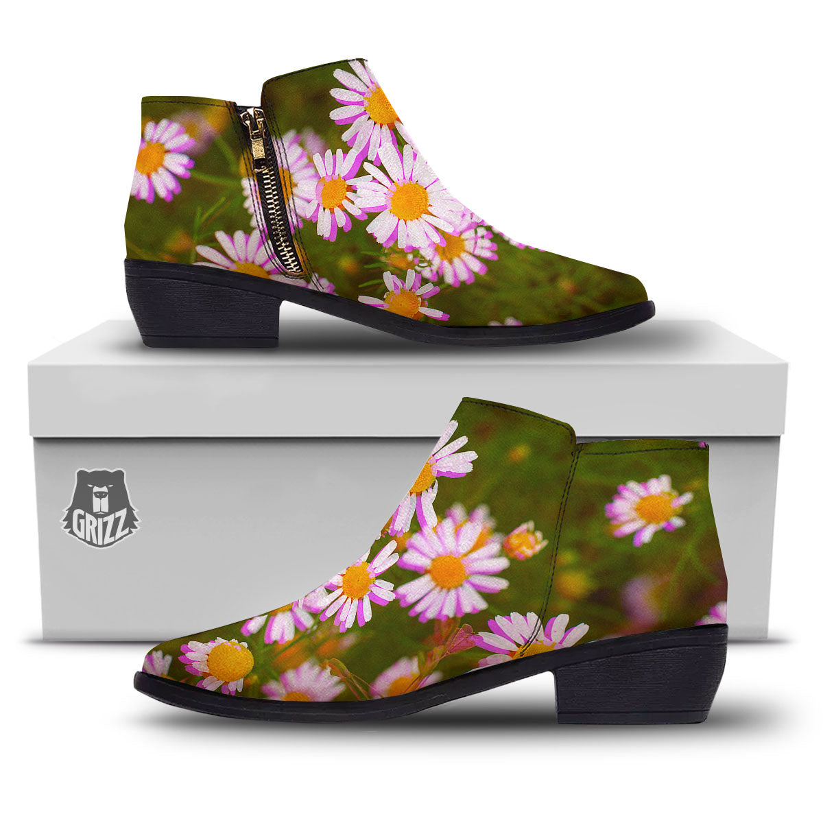 Flower Glitch Daisy Print Ankle Boots-grizzshop