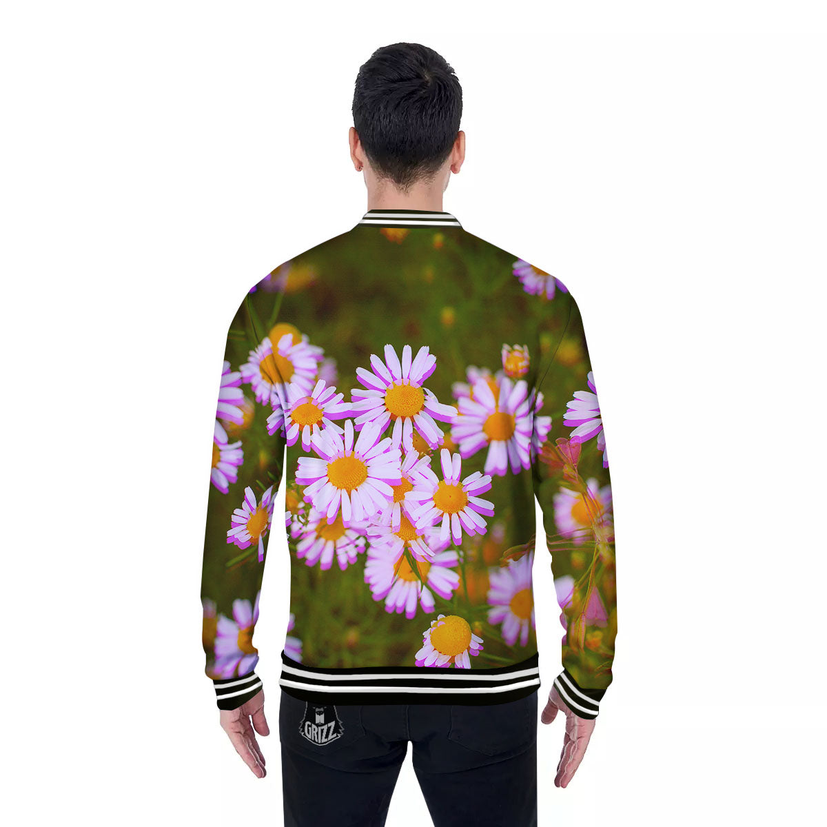 Flower Glitch Daisy Print Baseball Jacket-grizzshop