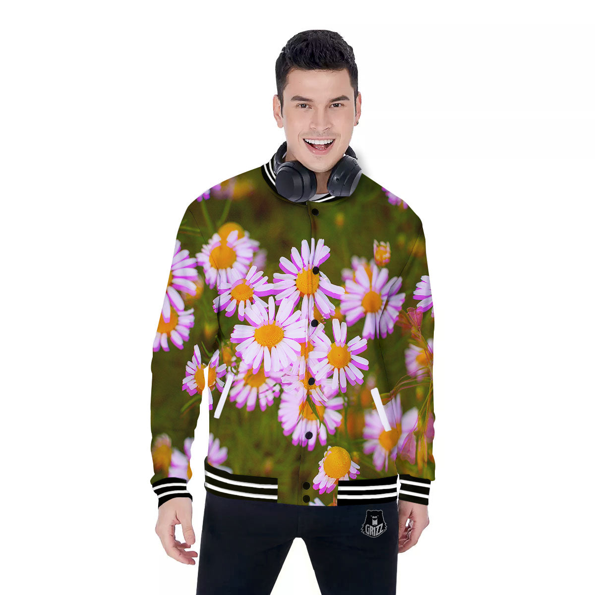 Flower Glitch Daisy Print Baseball Jacket-grizzshop