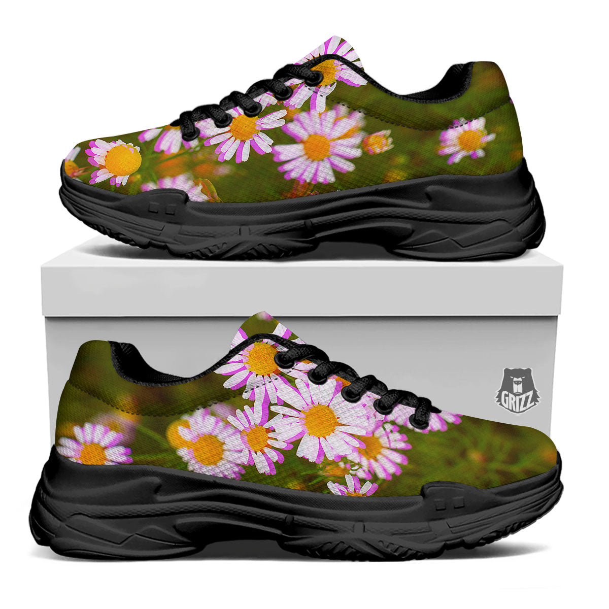 Flower Glitch Daisy Print Black Chunky Shoes-grizzshop