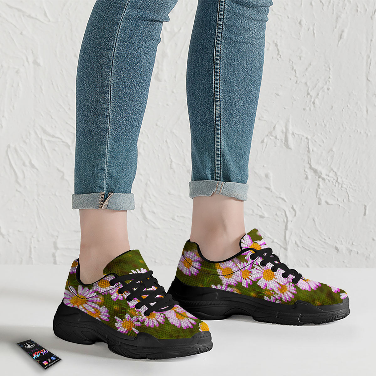 Flower Glitch Daisy Print Black Chunky Shoes-grizzshop