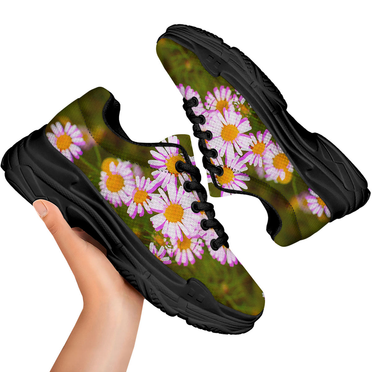 Flower Glitch Daisy Print Black Chunky Shoes-grizzshop