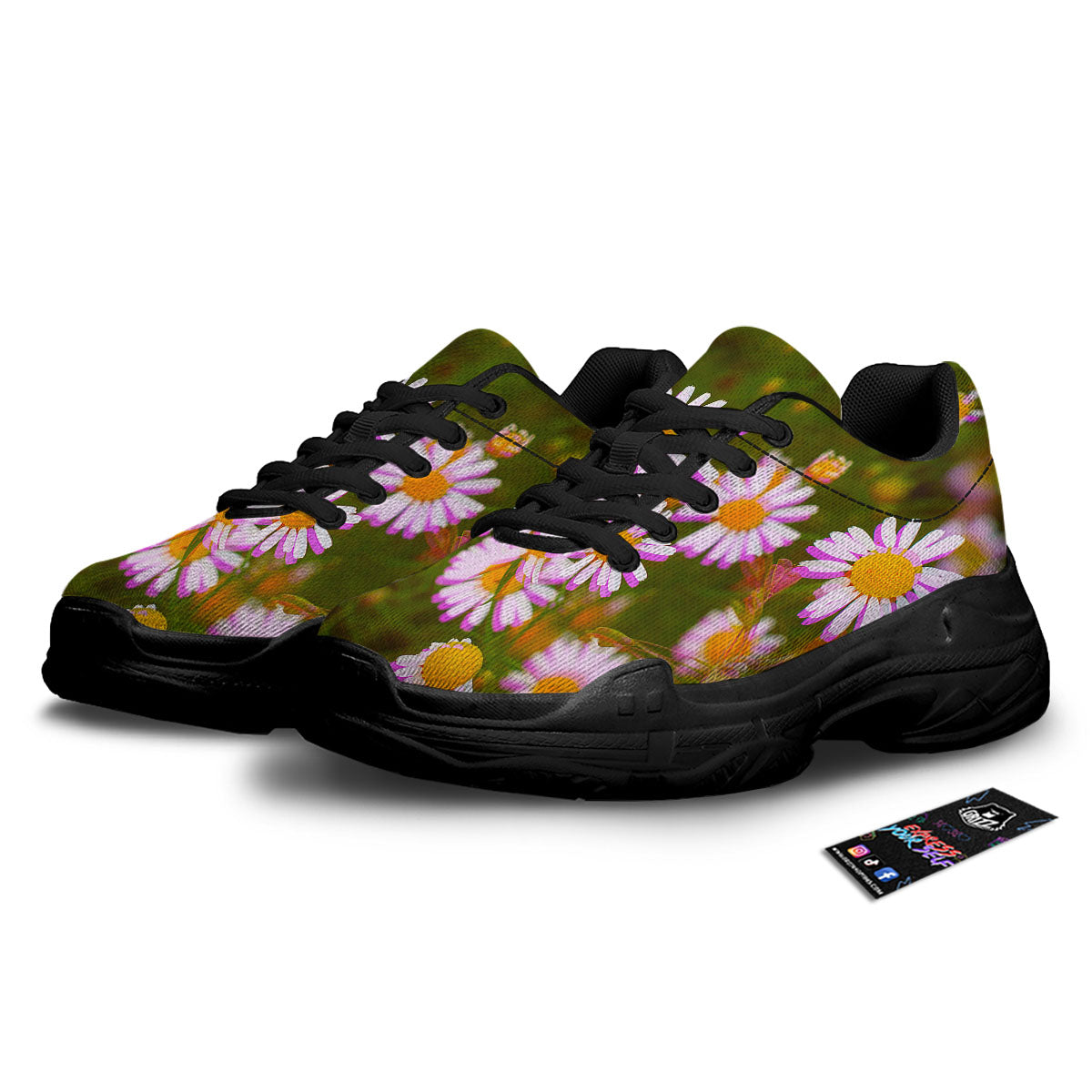 Flower Glitch Daisy Print Black Chunky Shoes-grizzshop