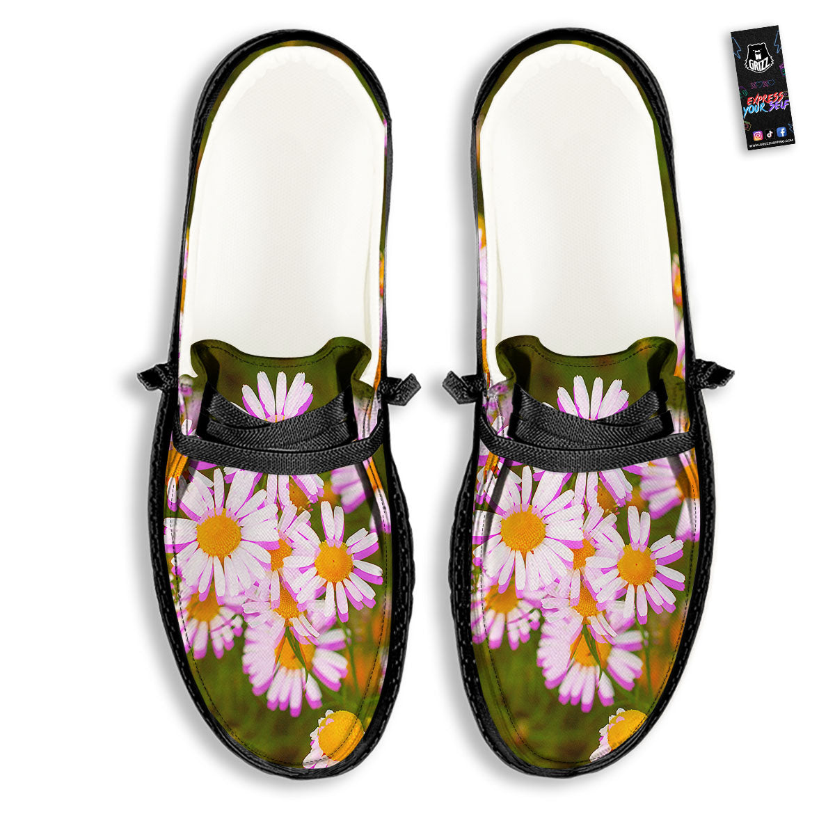 Flower Glitch Daisy Print Black Loafers-grizzshop