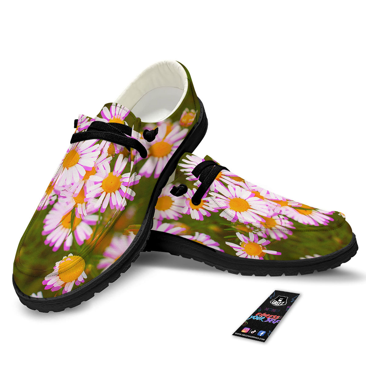 Flower Glitch Daisy Print Black Loafers-grizzshop