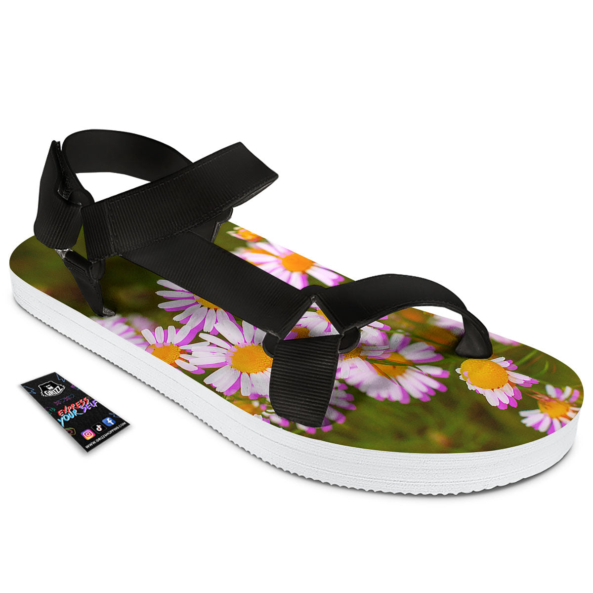 Flower Glitch Daisy Print Black Open Toe Sandals-grizzshop