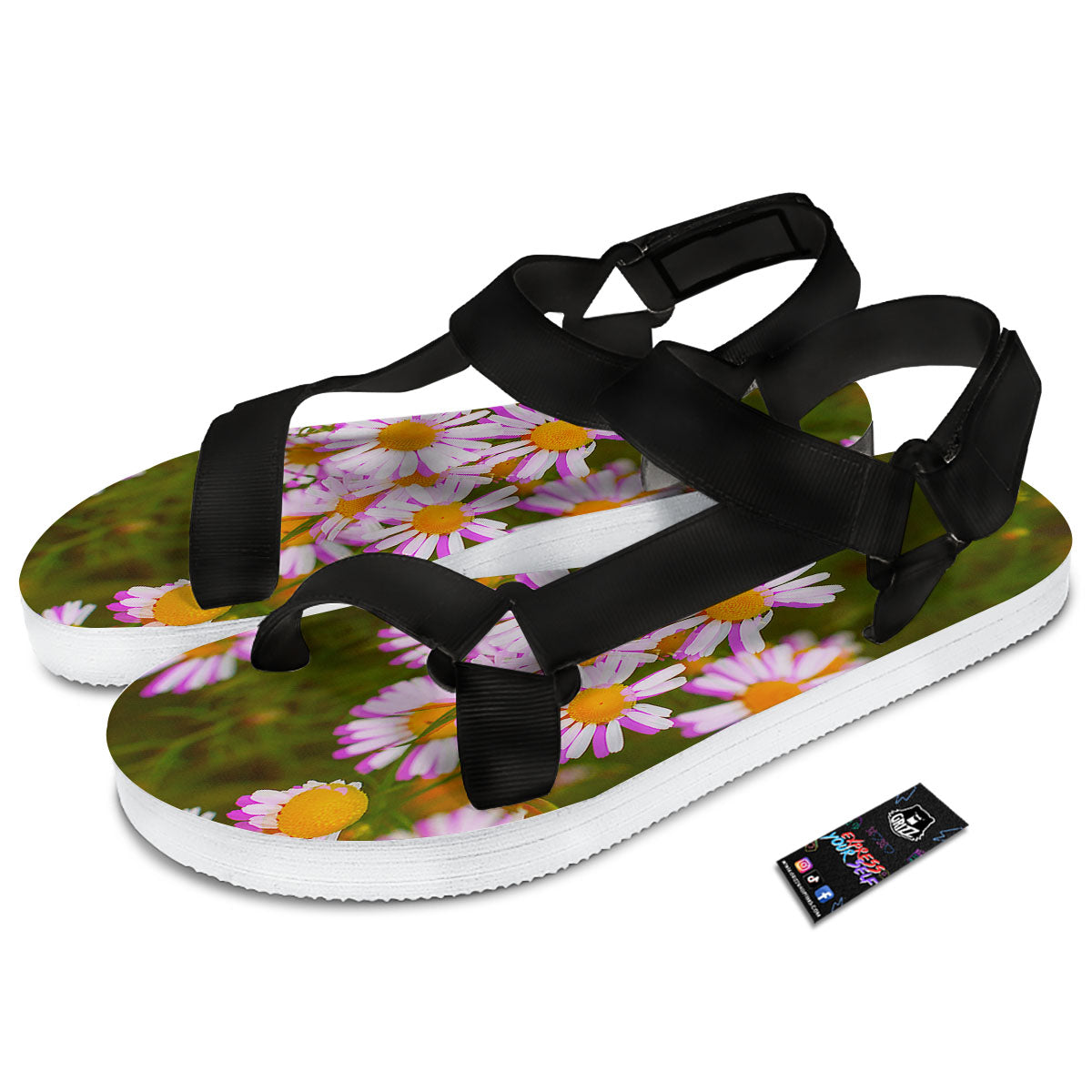 Flower Glitch Daisy Print Black Open Toe Sandals-grizzshop