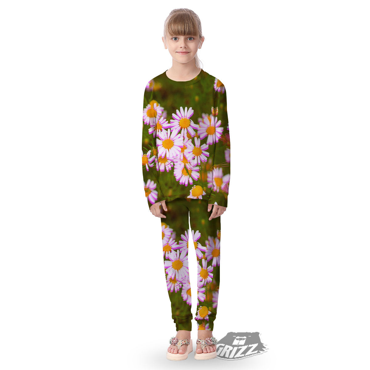 Flower Glitch Daisy Print Kid's Pajamas-grizzshop