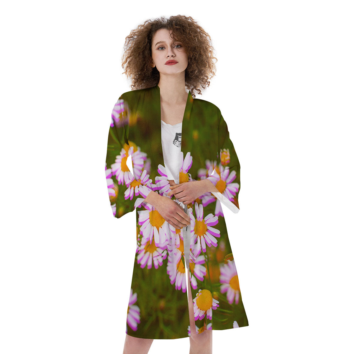 Flower Glitch Daisy Print Kimono-grizzshop