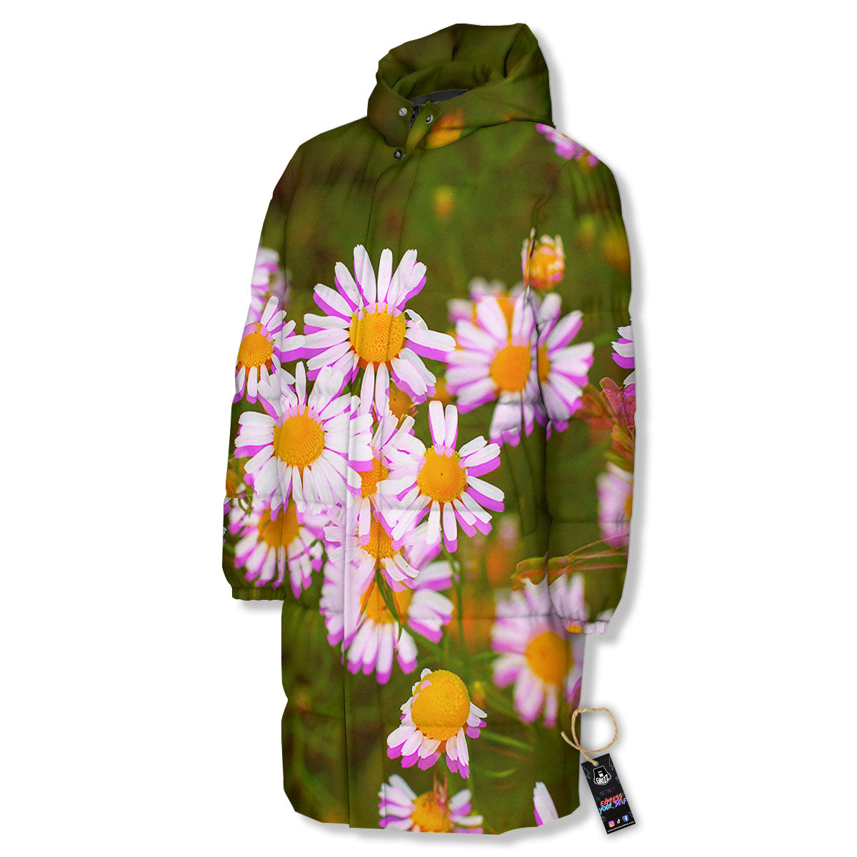 Flower Glitch Daisy Print Long Down Jacket-grizzshop