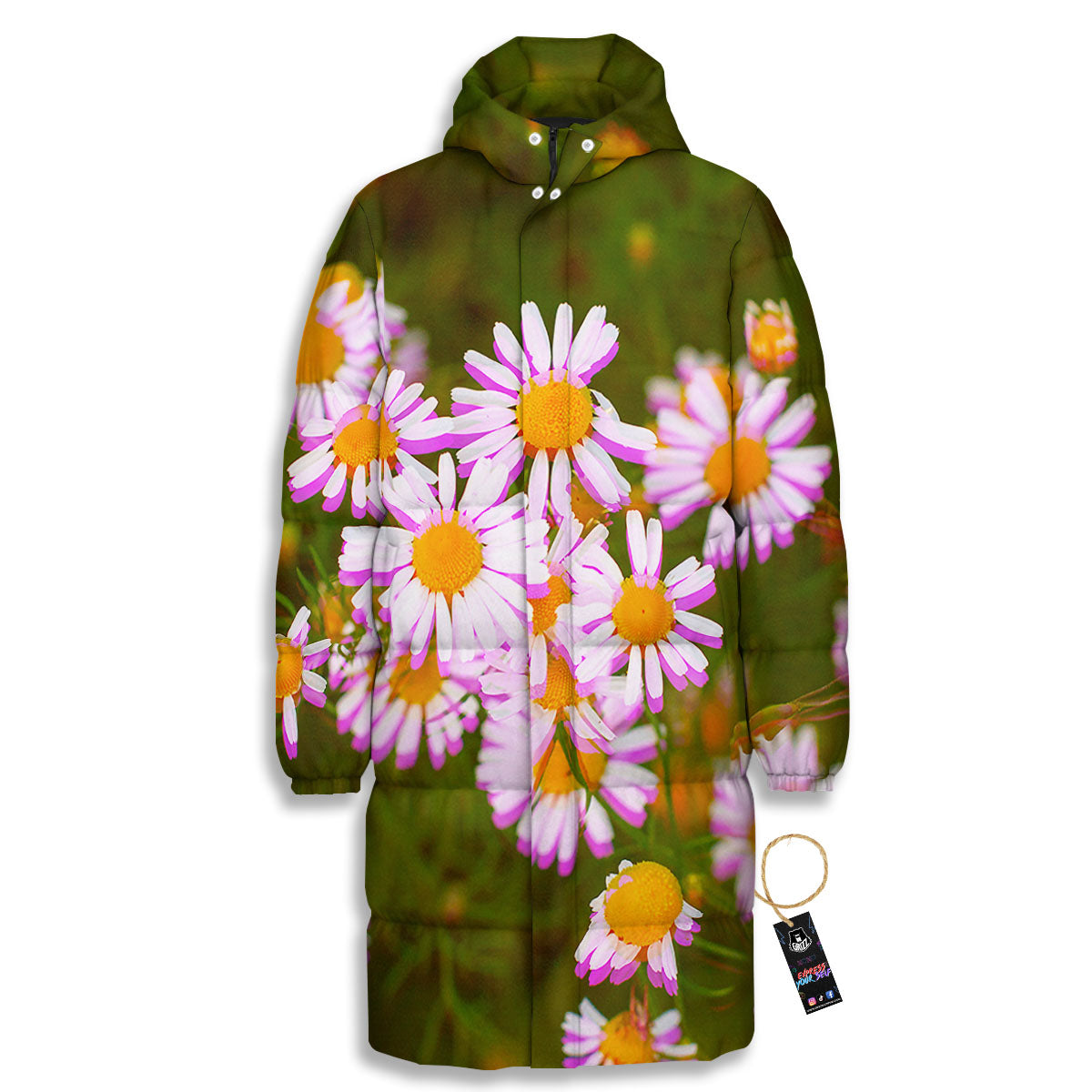 Flower Glitch Daisy Print Long Down Jacket-grizzshop