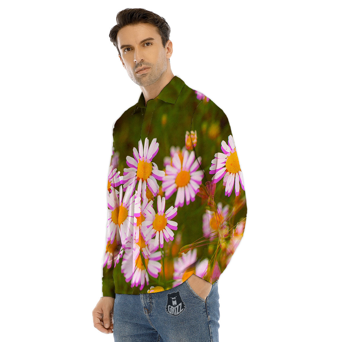 Flower Glitch Daisy Print Men's Dress Shirts-grizzshop