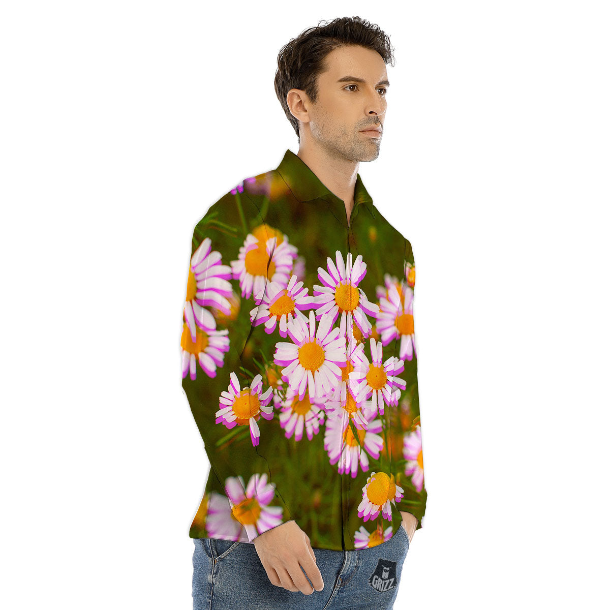 Flower Glitch Daisy Print Men's Dress Shirts-grizzshop