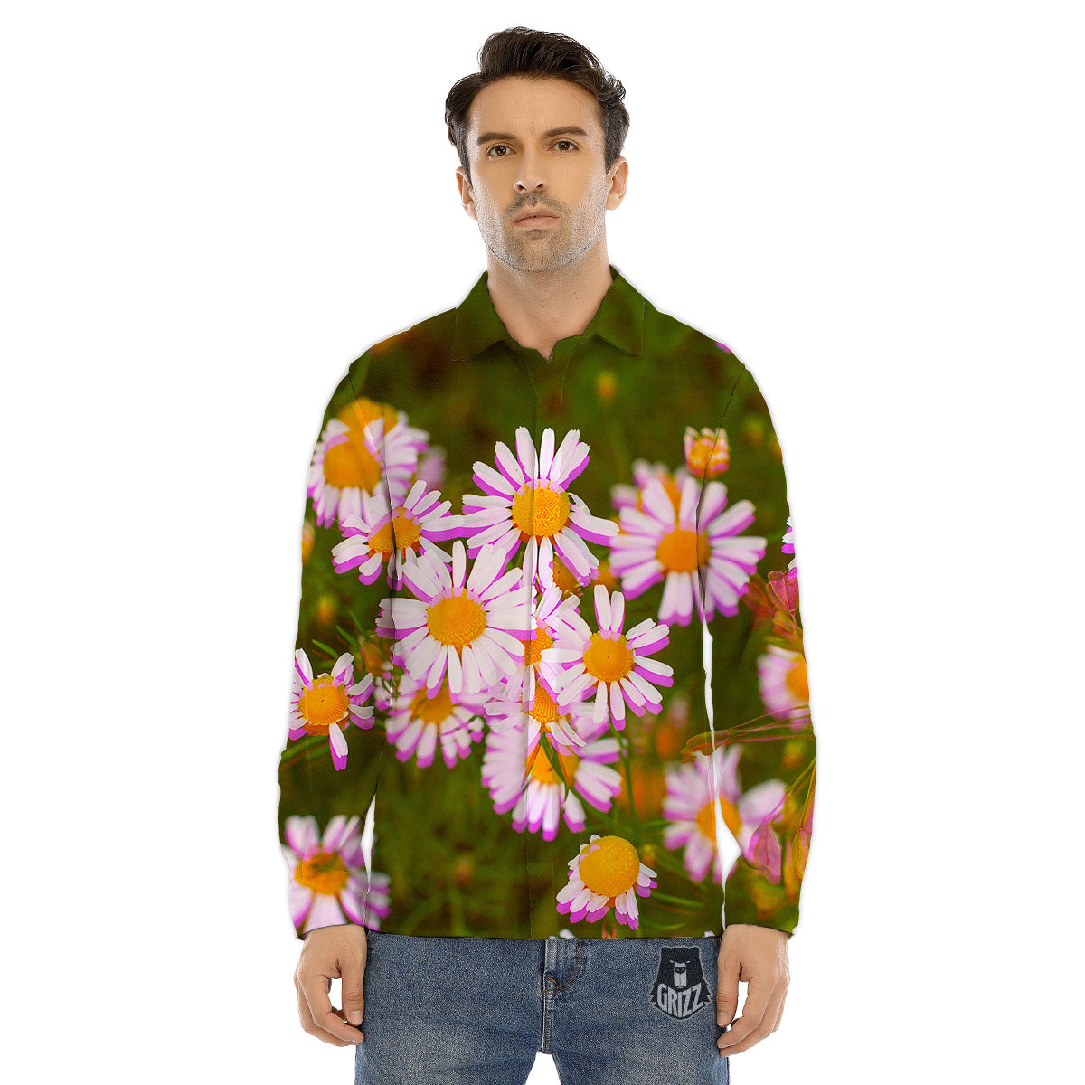 Flower Glitch Daisy Print Men's Dress Shirts-grizzshop