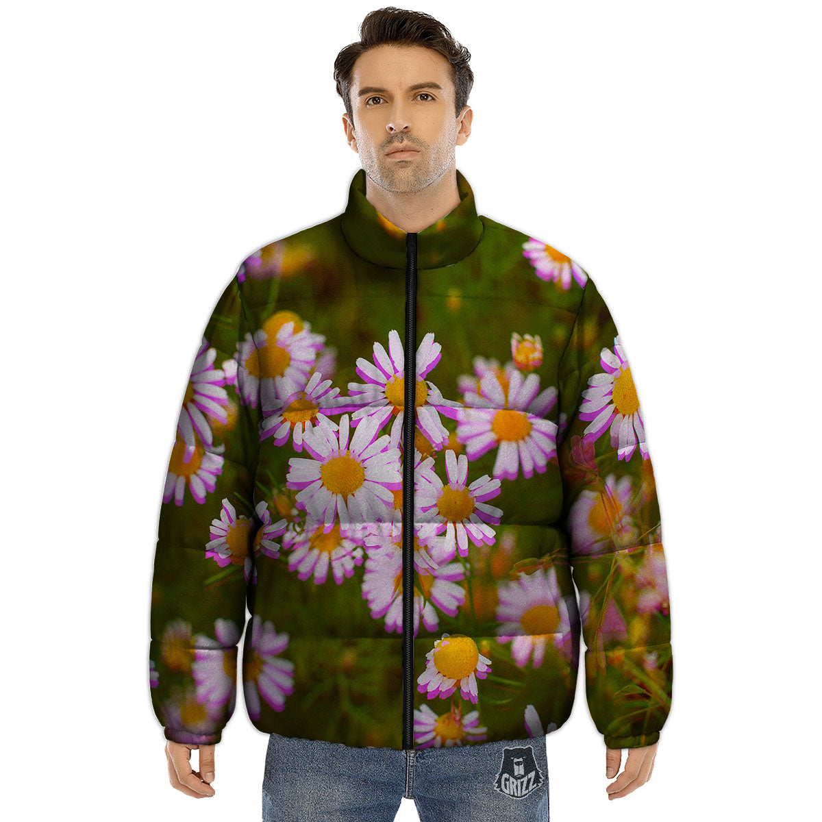 Flower Glitch Daisy Print Puffer Jacket-grizzshop