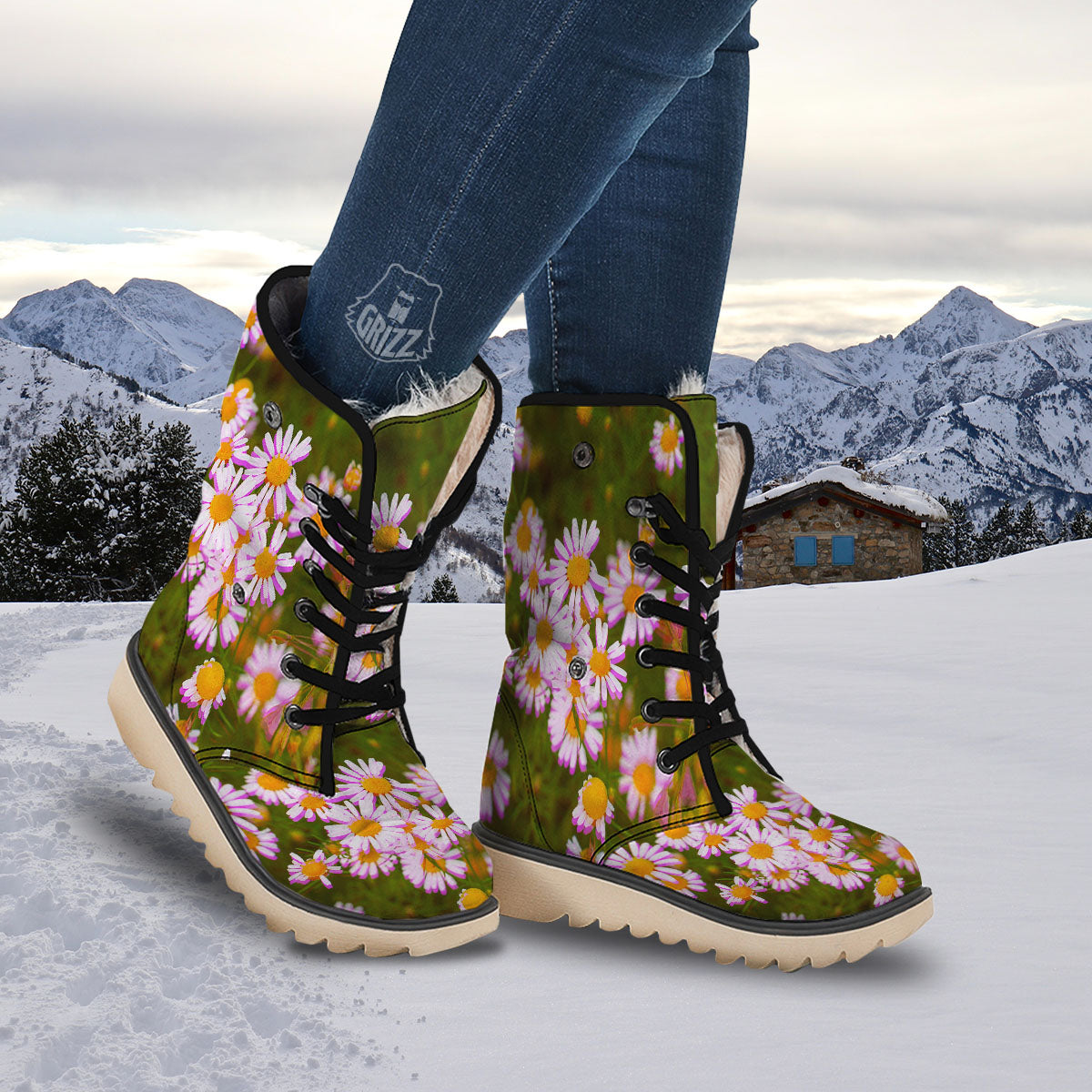 Flower Glitch Daisy Print Snow Boots-grizzshop