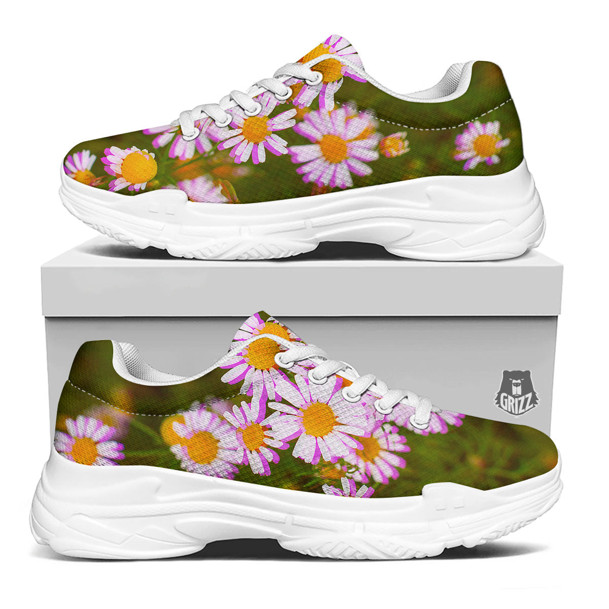 Flower Glitch Daisy Print White Chunky Shoes-grizzshop