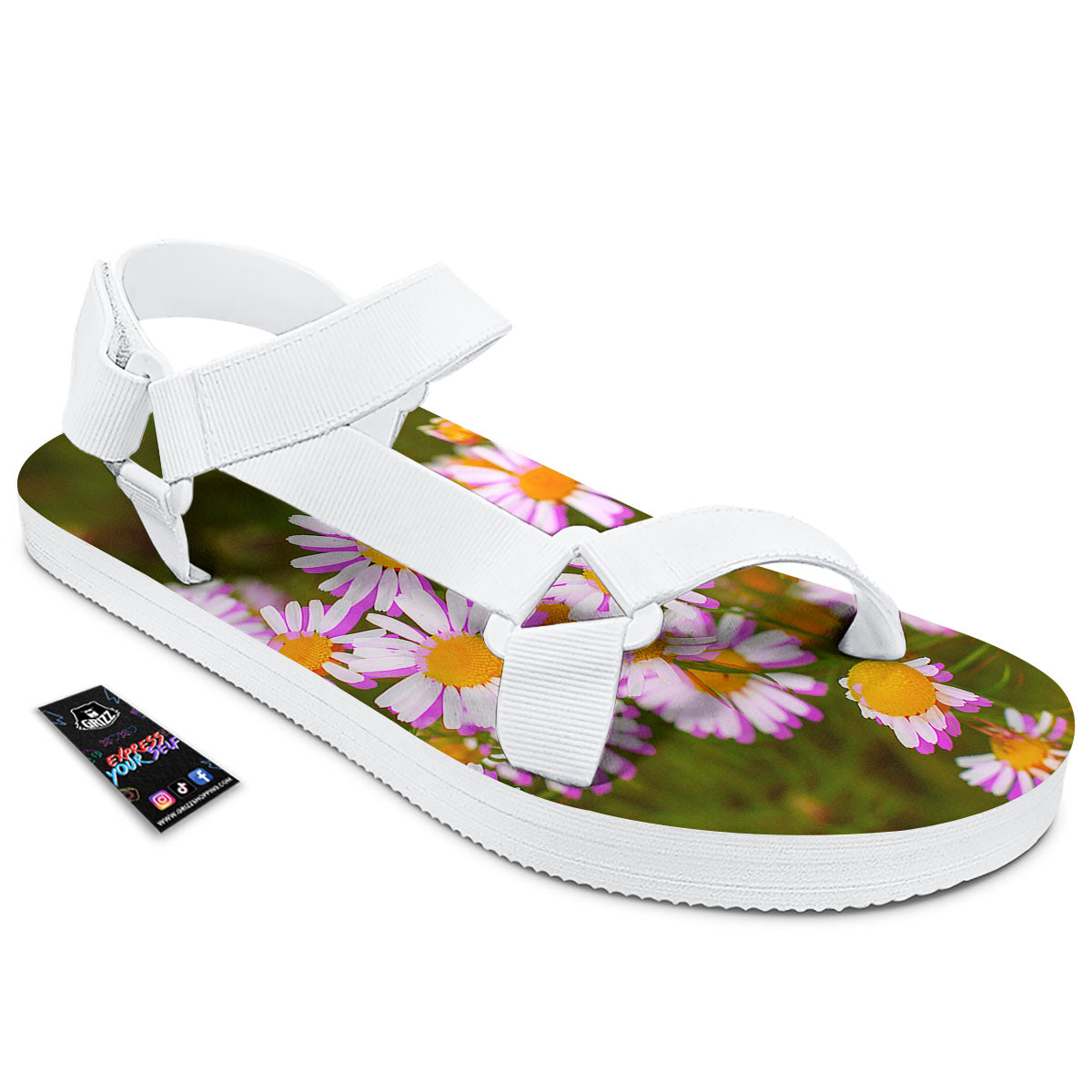 Flower Glitch Daisy Print White Open Toe Sandals-grizzshop